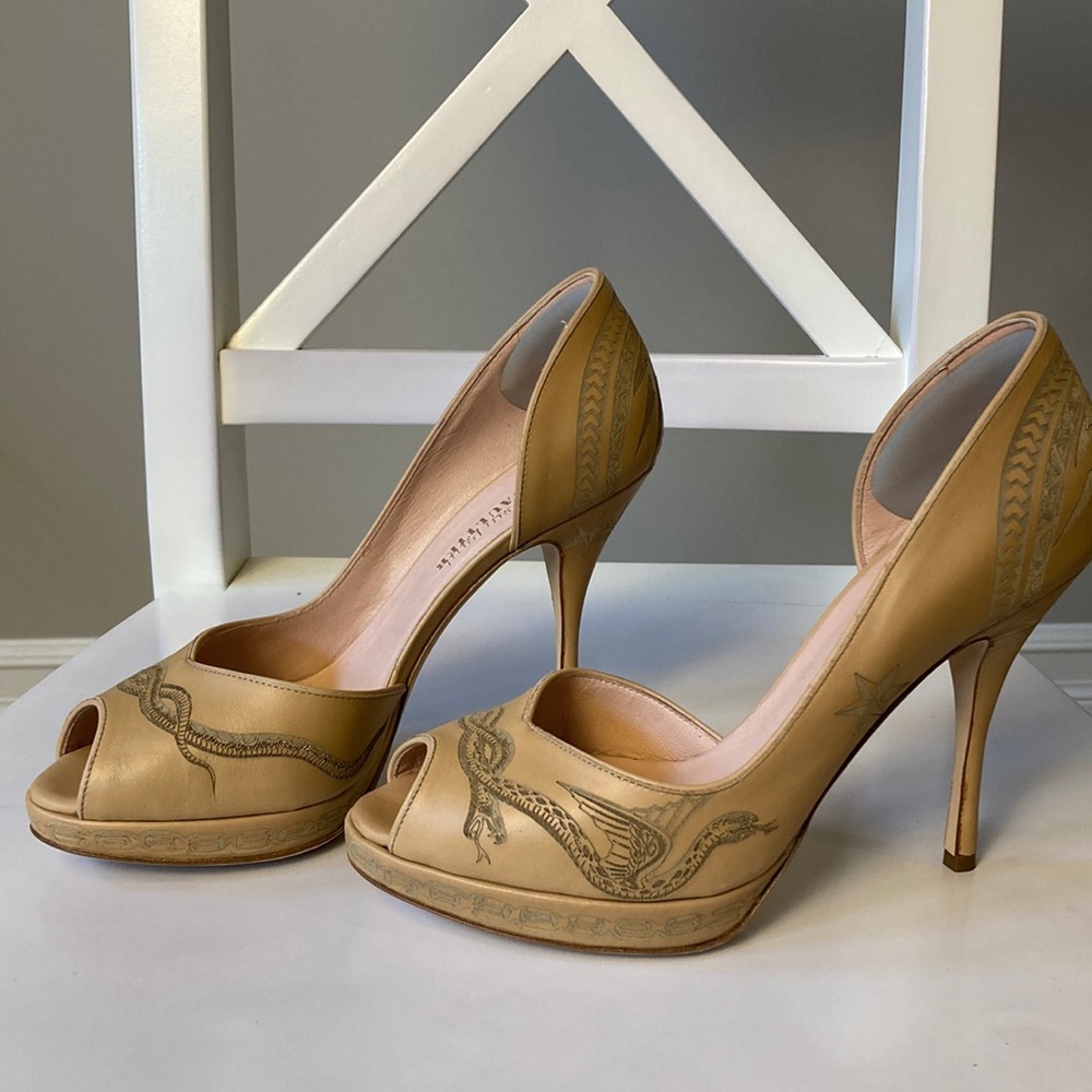 NWB Jean Paul Gaultier Embossed Leather Snake Heels Nude Platform Sandals 36.5